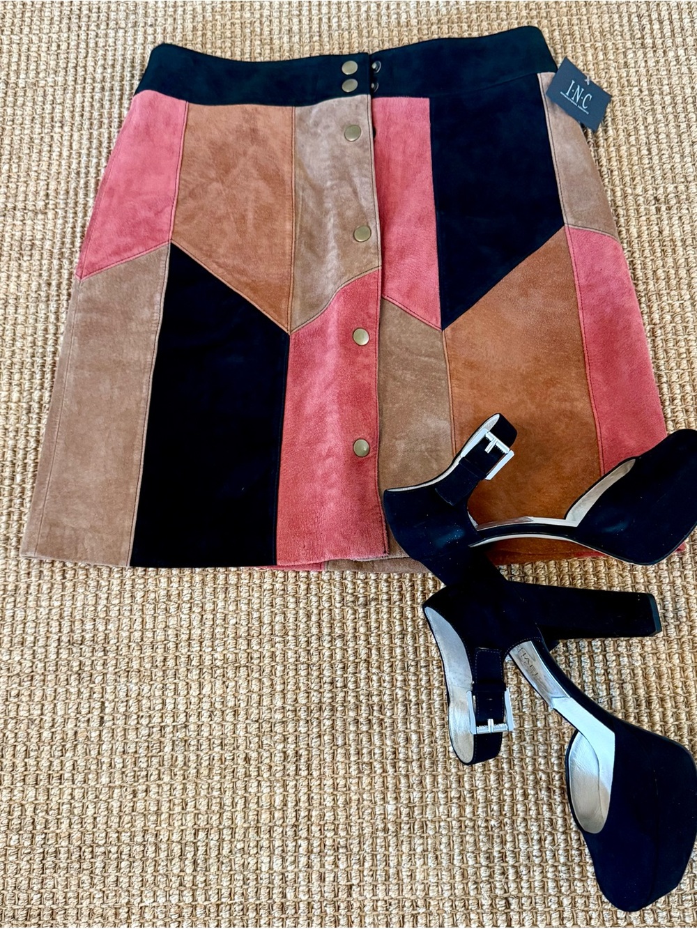 INC. International Concepts and Iris Apfel Suede Patchwork Skirt Brand New
